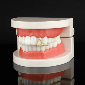Hip hop gold plated grillz with sparkling zircons shown on tooth model for cosplay