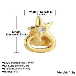 Detail of 11x12mm star hip hop grillz in brass with 5A+ cubic zirconia stone