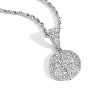 Compass pendant with sparkling zircon in hip hop style on thick silver rope chain