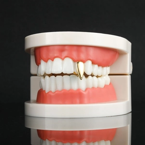Vampierstijl vergulde enkele hoektand grillz op tandheelkundig model met spiegelglans