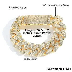 Macro shot of 20mm Cuban chain link bracelet featuring 5A cubic zirconia stones and 20.3cm length