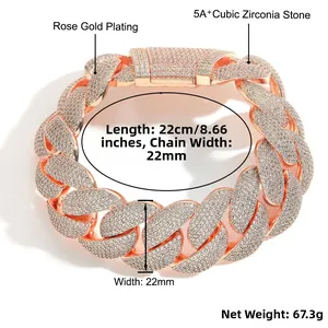 Macro detail of 22mm rose gold Cuban link bracelet with 5A+ cubic zirconia stones