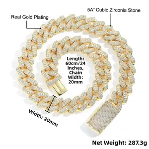 Close-up of 20mm heavy hip hop Cuban chain with 5A grade cubic zirconia stones
