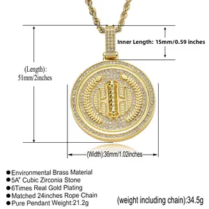 Detailed view of hip hop medallion necklace with dimensions and 5A+ zircon inlay