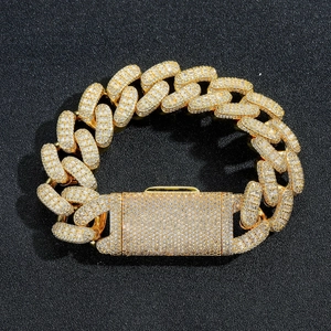 Mens 20mm hip-hop Cuban link bracelet with iced-out square zircons in gold plating