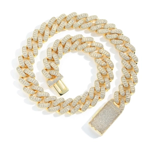20mm gold plated cuban link chain necklace with square zircon stones for hip hop style