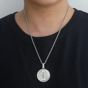 Hip hop silver necklace with round HH pendant and iced out cubic zirconia on twist chain
