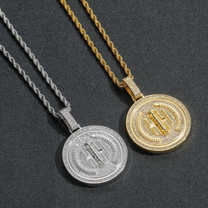 Hip hop round coin pendant necklaces in gold and silver with zircon paved laurel wreath