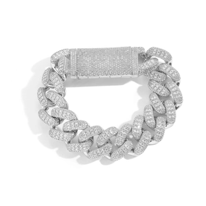 Hip hop style 20mm silver Cuban link bracelet with full zircon iced out pave and long box clasp
