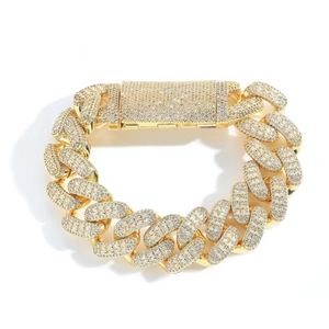 Hip hop style 20mm golden Cuban link bracelet with square cubic zirconia and long clasp