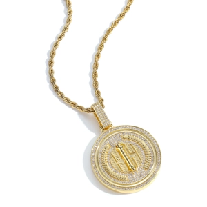 Iced out gold round medal pendant necklace with wheat ears and rope chain for men