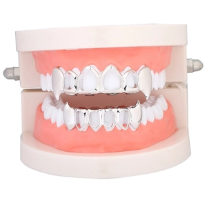 Hip hop silver grillz set with 8 teeth and hollow fangs on professional dental mold