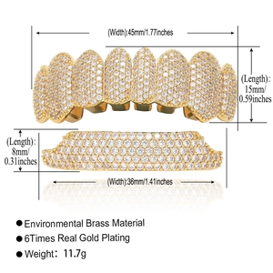 Detail view of gold-plated hip hop grillz set with cubic zirconia and size dimensions