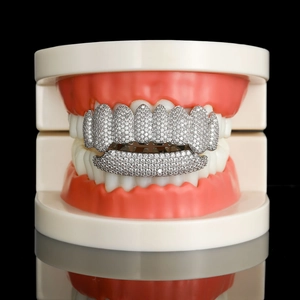 Detailed view of iced-out hip hop grillz set with micro-pave cubic zirconia stones