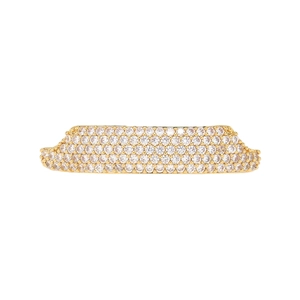 Macro view of gold-plated hip hop grillz with five rows of micro-paved cubic zirconia stones