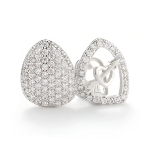 Asymmetrical silver pear-shaped earrings with heart arrow and micro-pave cubic zirconia