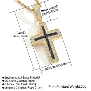 Macro shot of gold-plated cross pendant with 5A cubic zirconia and 24-inch chain
