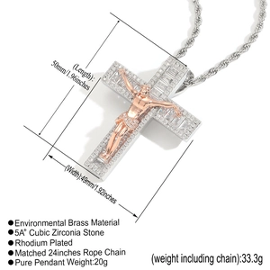 Colgante de cruz de oro rosa hip hop con circonitas micro pavimentadas y cadena de cuerda