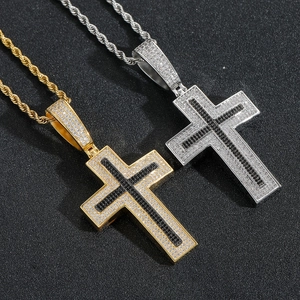 Hip Hop Copper Zirconia Cross Pendant Necklace Gold Silver Stainless Steel Rope Chain Retro Men Fashion Jewelry Gift