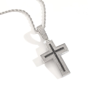 Hip hop cross pendant necklace with black and white zircon stones on a silver rope chain