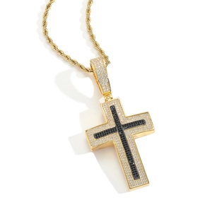 Hip hop cross pendant necklace with micro-pave cubic zirconia on gold twist rope chain