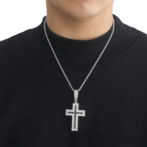 Hip hop silver cross pendant with black and white pavé zircons on a silver rope chain