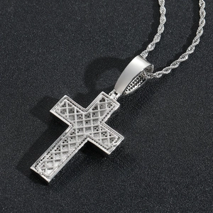Hip hop silver cross pendant necklace with geometric hollow texture and twist rope chain