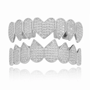 Hip hop grillz set verzilverd met zirkonia steentjes en hartvormig ontwerp