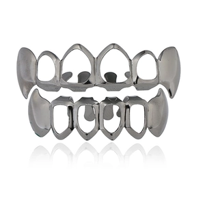 Hip hop hollow canine teeth grillz set in silver chrome finish with mirror reflection