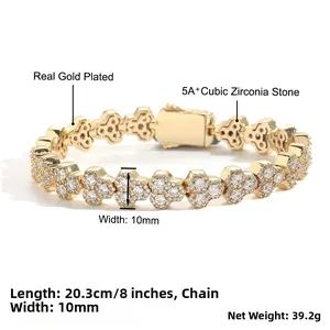 Macro detail of 10mm gold plated clover tennis bracelet with 5A+ cubic zirconia stones