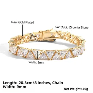 Detailed view of 9mm gold-plated tennis bracelet with 5A triangular cubic zirconia stones