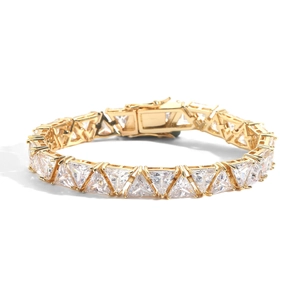 9mm gold plated hip hop tennis bracelet featuring triangular zircon stones on white background