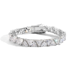 Mens hip hop 9mm triangle zircon tennis bracelet in silver finish with fold-over clasp