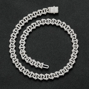 Collana cubana da 10mm color argento con maglie geometriche e zirconi scintillanti stile hip hop