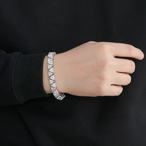 Hip hop 9mm triangle zircon tennis bracelet with silver-tone prong setting on wrist