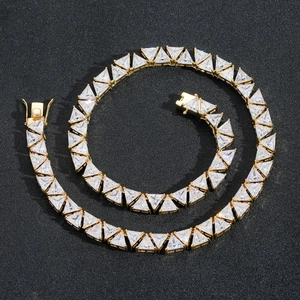 Iced out hip hop tennis chain with 9mm triangular cubic zirconia in gold plating