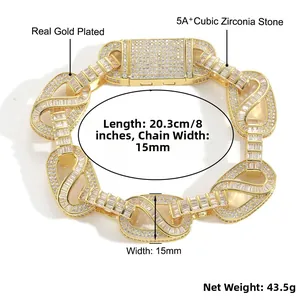 Detailed view of 15mm hip hop gold bracelet with measurements and 5A+ cubic zirconia