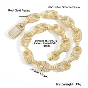 Detail of 15mm gold-plated hip hop chain with 5A+ cubic zirconia pave setting