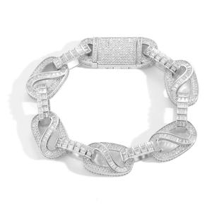 Mens silver 15mm heavy hip hop iced out chain bracelet with baguette cut zircon stones