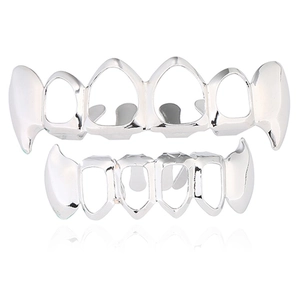Hip hop vampire silver grillz set for top and bottom teeth with polished finish