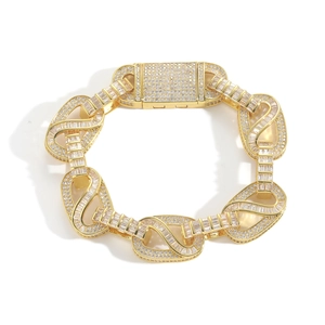 Hip hop 15mm gold-plated cuban chain bracelet with baguette and round zircon micro-pave