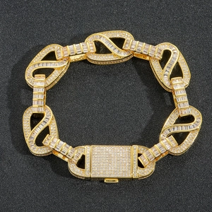 Hip-hop style 15mm gold-plated link bracelet featuring full cubic zirconia micro-pave