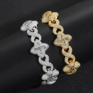 Hip hop style clover infinity bracelets in gold and silver with 5A cubic zirconia stones