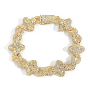 Hip hop style gold infinity four-leaf clover bracelet with 5A cubic zirconia stones