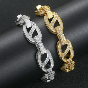 Hip hop 15mm cuban link bracelets in gold and silver finish with pave set cubic zirconia