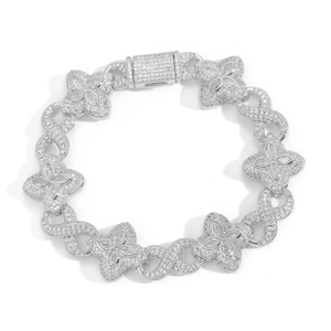 Hip-hop silver clover bracelet with 5A zircon and infinity links on white background