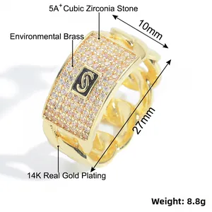 Detailed specs of 14K gold plated Cuban link ring with 5A zirconia and S logo