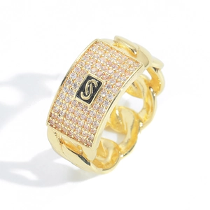 Hip Hop Copper Zirconia Pave Ring For Men Women 14K Gold Silver Plated Cuban Link Chain Geometric Ring With Letter S