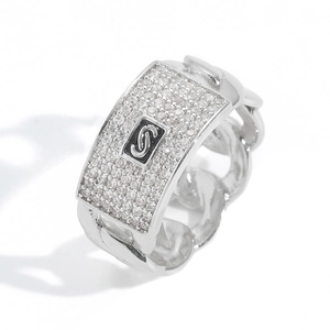 Hip hop style Cuban link ring with pave zircons and letter S on rectangular top