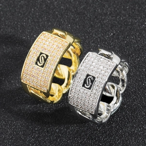Hip hop Cuban link ring set with paved zircons and S letter design in gold and silver